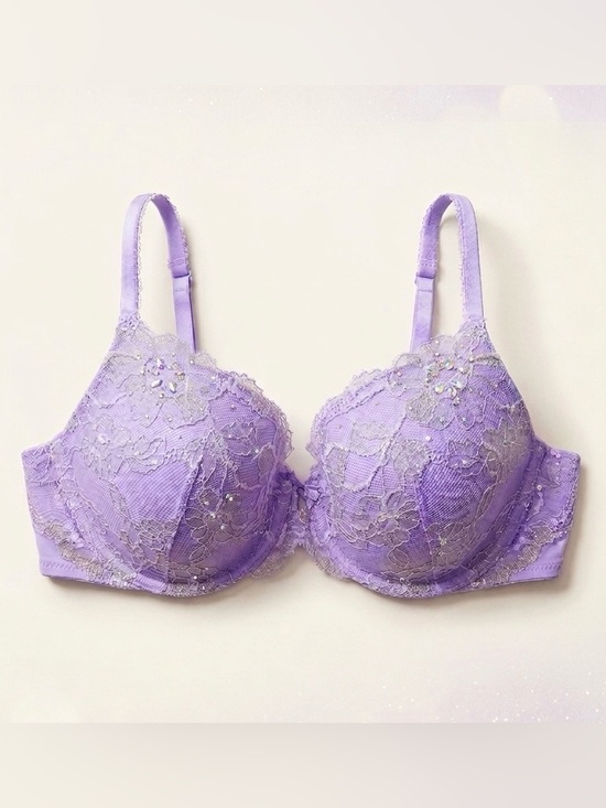 Victoria's Secret Other - Victoria's Secret Lavender Floral Lace Rhinestone Push Up Bra 38C Shimmer Lilac